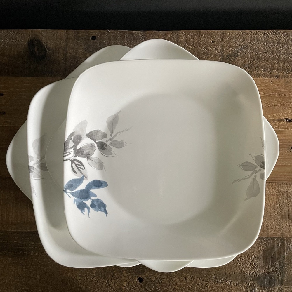 5 Corning CORELLE Kyoto Night Leaves 10.5" Dinner Plates USA Gray Blue Square